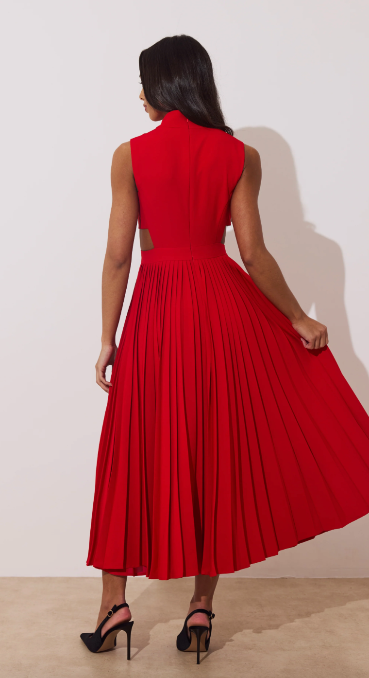 Prism Red Pleat Full Skirt Midi Dress