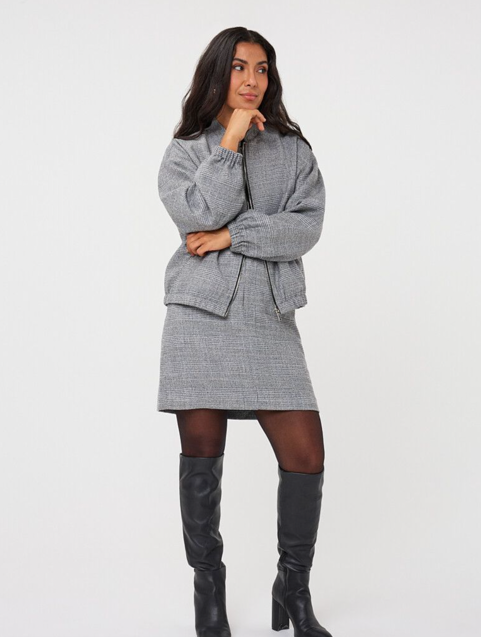 Brandy Grey Check Bomber Jacket