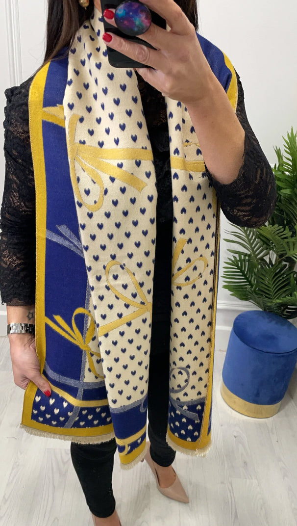 Pashmina Navy, Yellow, Cream hearts and Bows