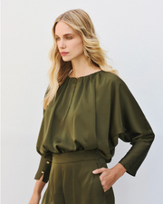 Irene Olive Batwing Satin blouse