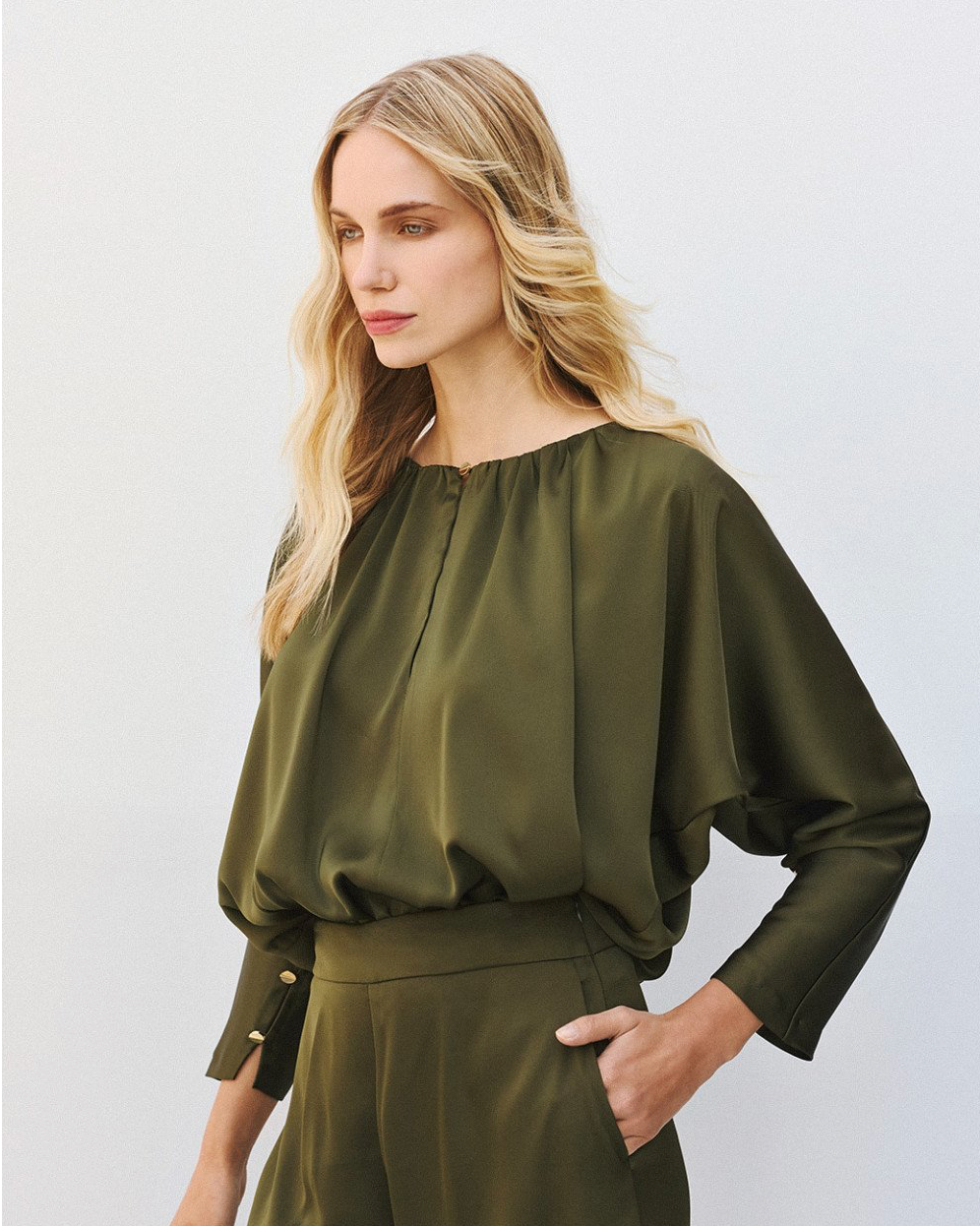 Irene Olive Batwing Satin blouse