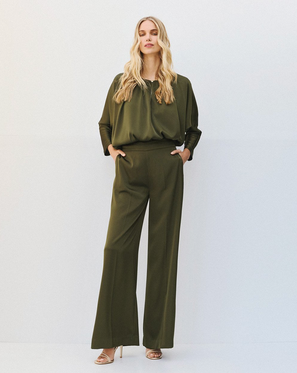 Irene Olive Batwing Satin blouse