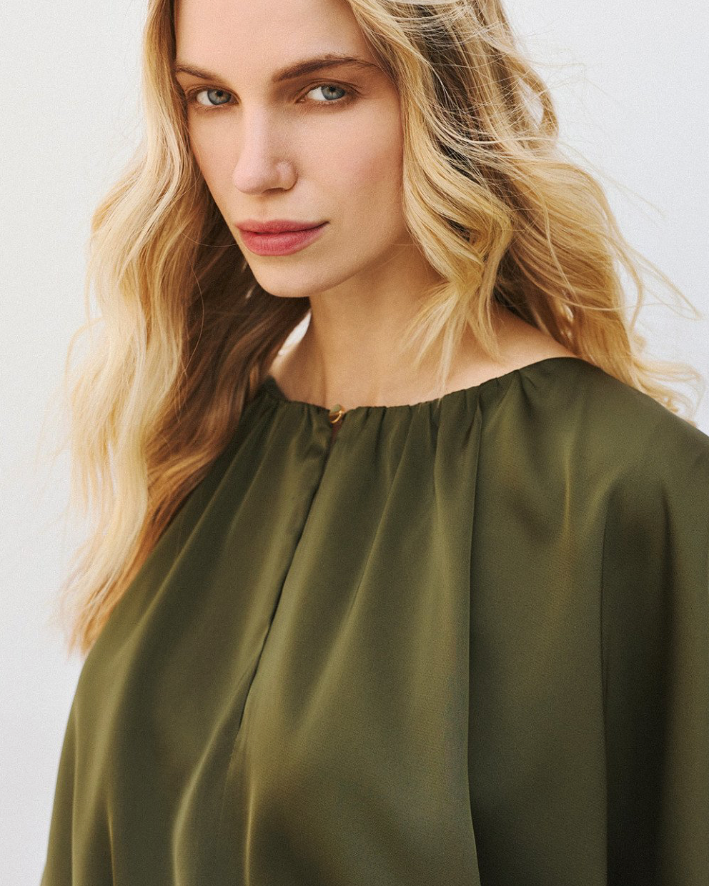 Irene Olive Batwing Satin blouse