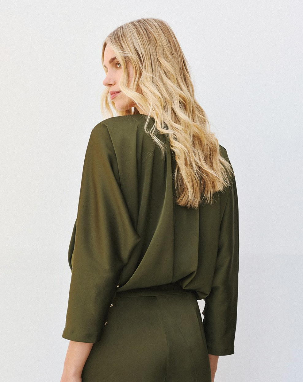 Irene Olive Batwing Satin blouse