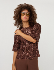 Molly Coffee Sequin Balloon Sleeve Top