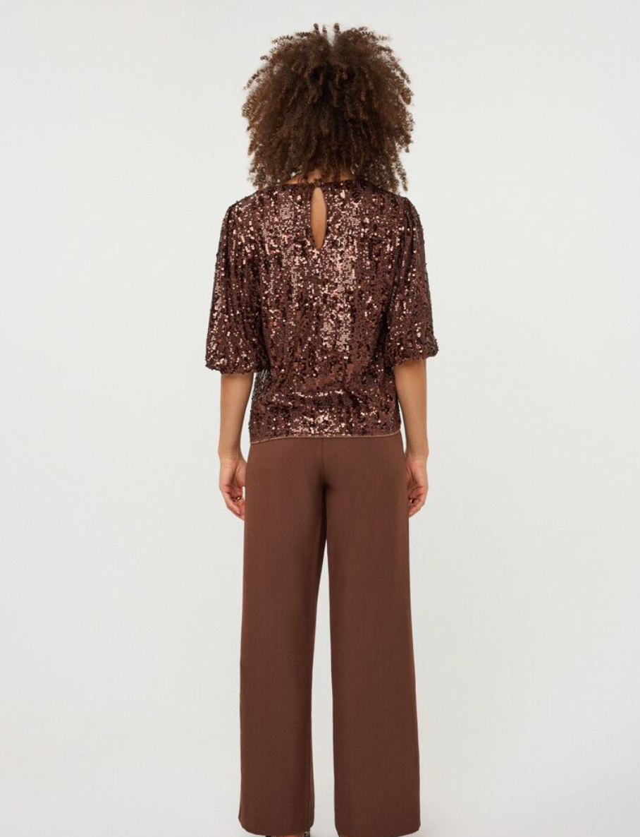 Molly Coffee Sequin Balloon Sleeve Top