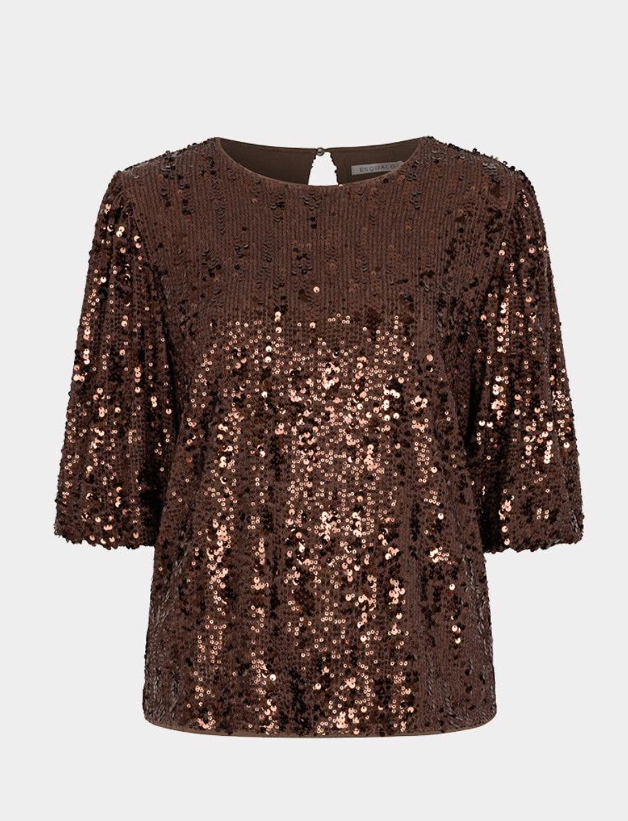 Molly Coffee Sequin Balloon Sleeve Top