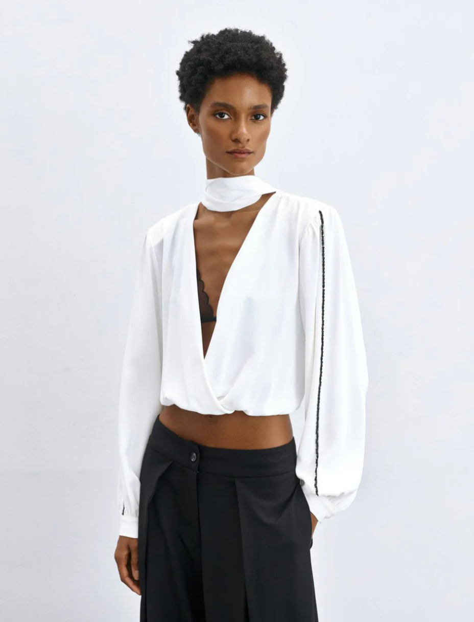 Grace White Wrap Blouse with Beads & Scarf