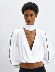 Grace White Wrap Blouse with Beads & Scarf