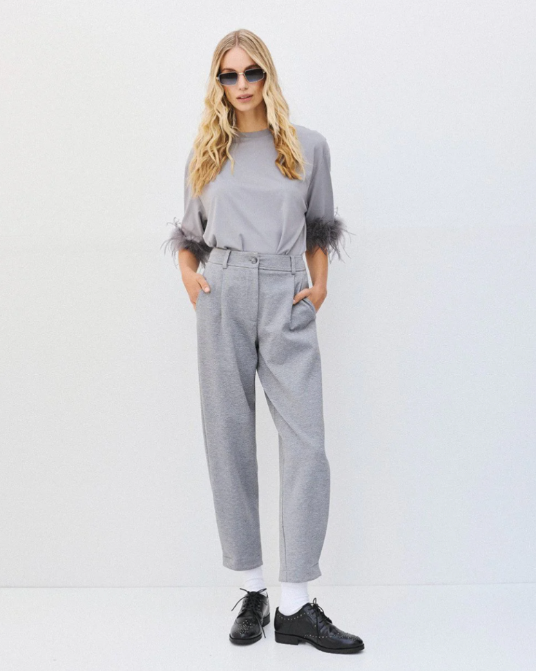 Louise Grey Pleated Barrel-Leg Trouser