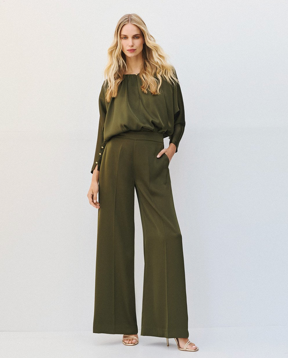 Ivana Olive Satin Wide-Leg Trouser