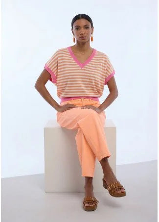 Vicky V Neck Orange Pink Stripe Top