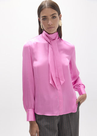 Bloom Pink Satin Tie-Neck Blouse