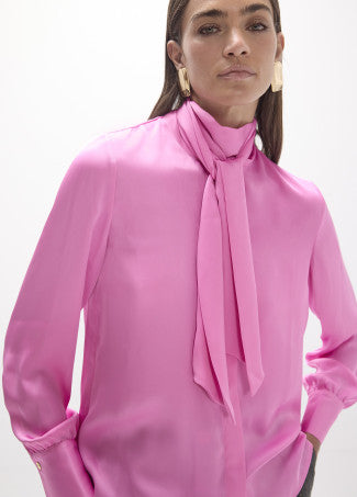 Bloom Pink Satin Tie-Neck Blouse