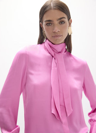 Bloom Pink Satin Tie-Neck Blouse