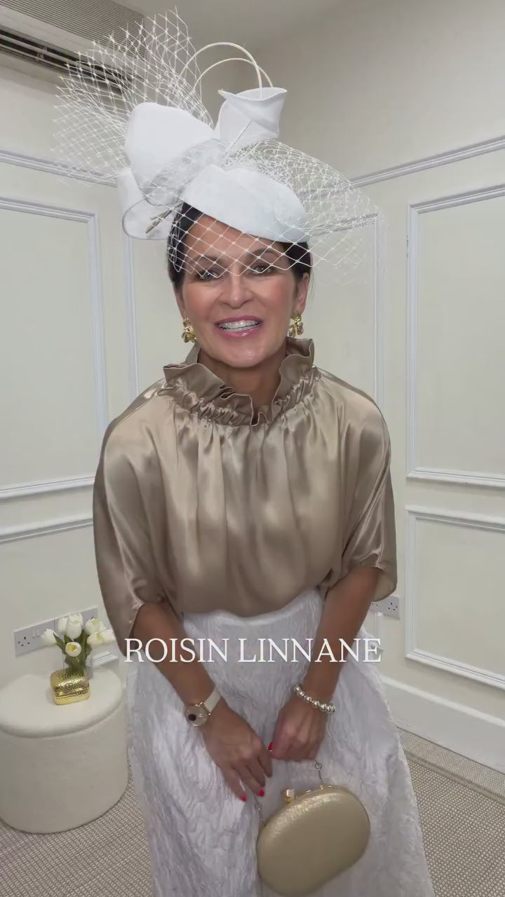 Load video: Roisin Linnane Halston White Jacquard Skirt