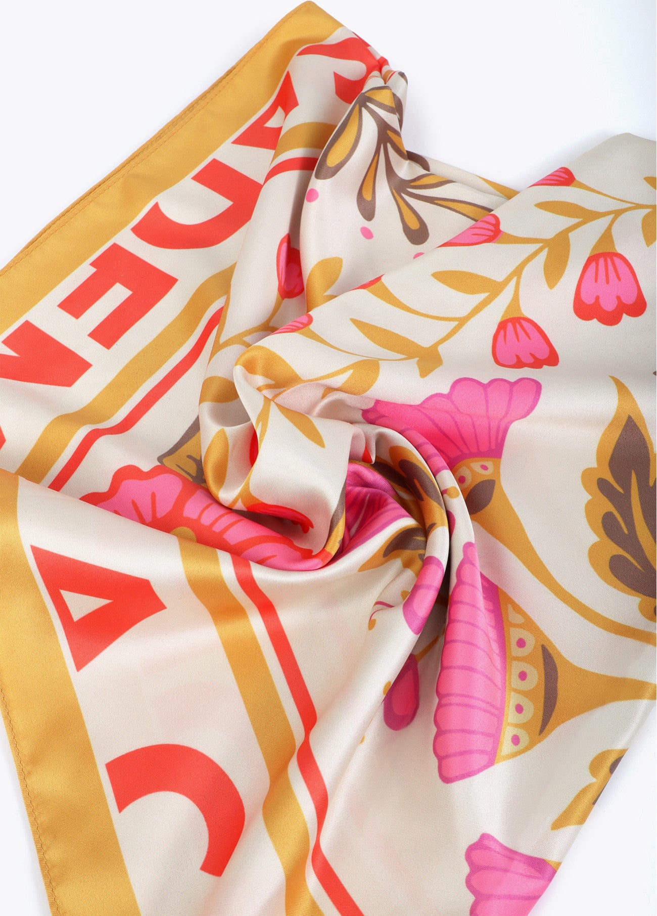 Satin Scarf with Flowers and Tigers