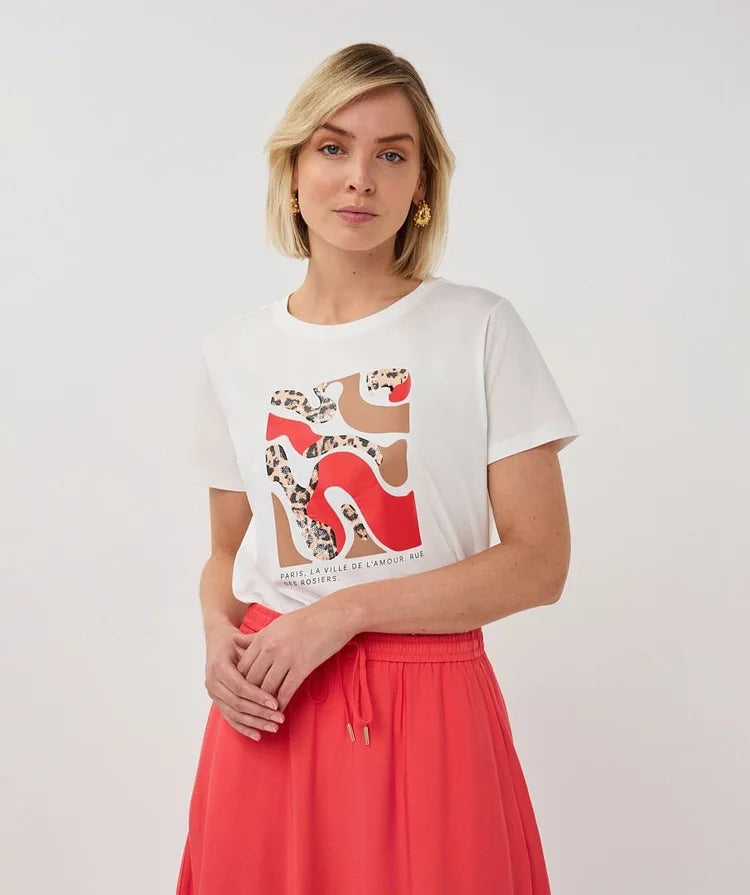 Paris White Red/Leopard Print T-Shirt